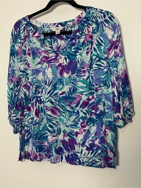 croft & barrow Teal Purple Floral Peasant Blouse